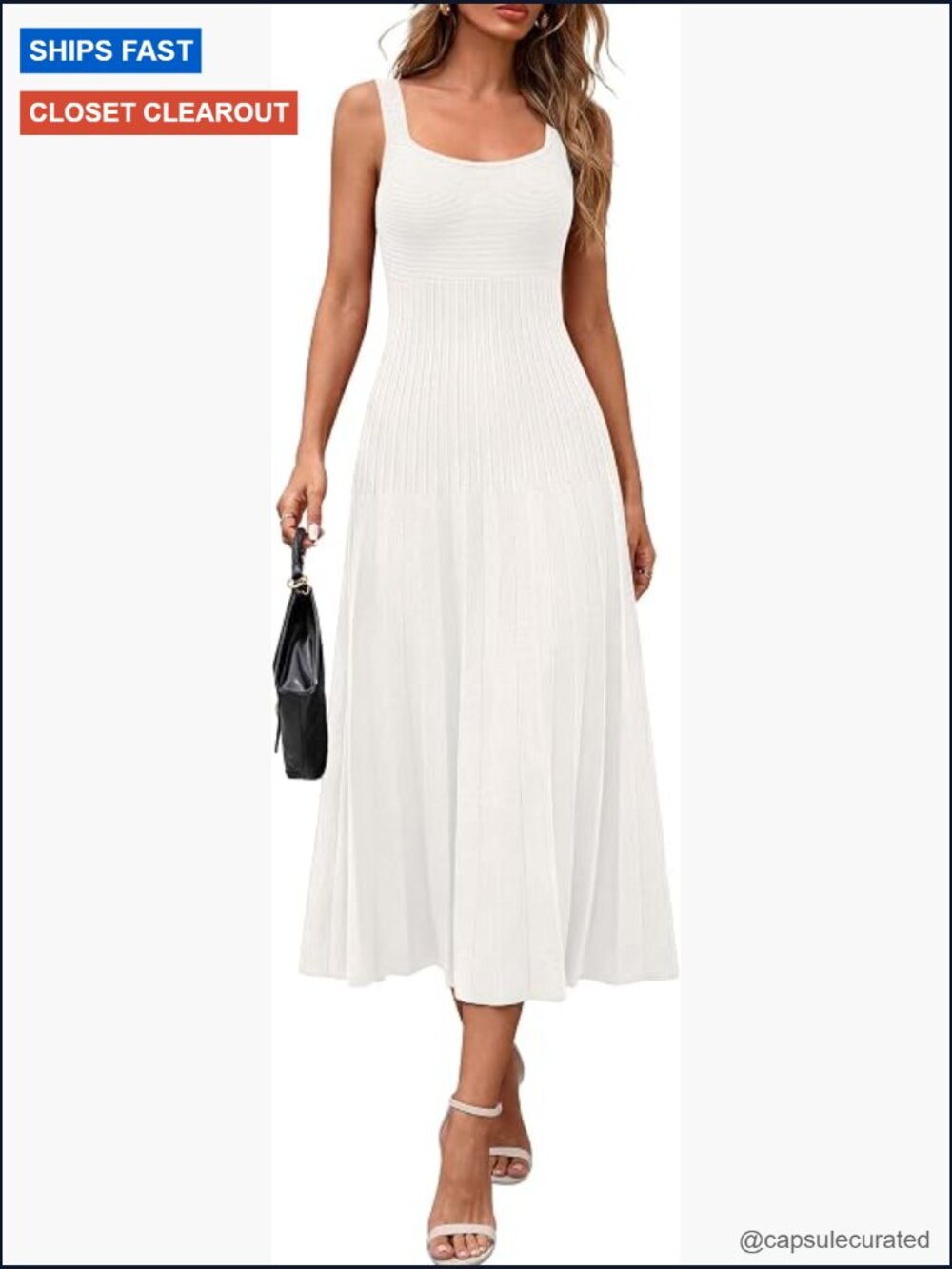 Elegant Square Neck Midi Dress with Pleated A-Line Silhouette Sleeveless